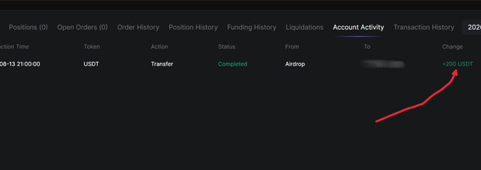 A cryptocurrency exchange account activity log showing a completed USDT transfer from an airdrop resulting in a +200 USDT balance change, highlighted with a red arrow.