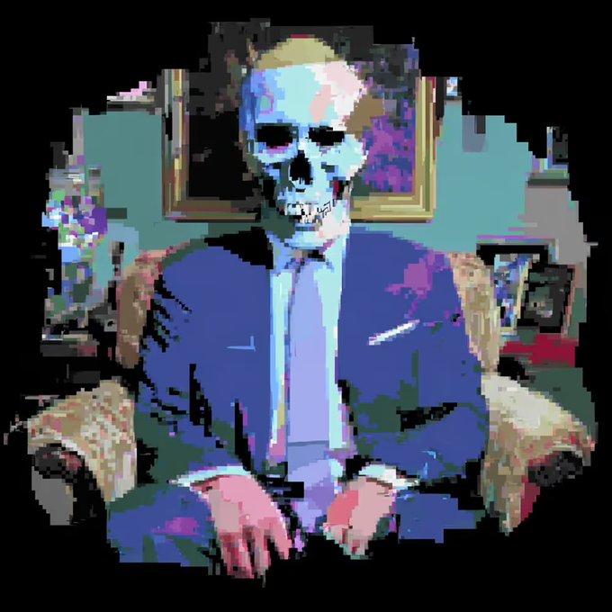 A pixelated/glitched image of a man in a blue suit seated in a chair, whose face has been replaced with a glowing skull.