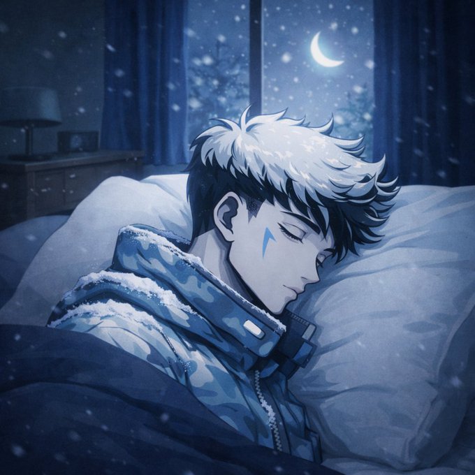 The image features a man sleeping peacefully with his eyes closed, wearing a blue jacket that matches the color of the night sky depicted in the background. The caption for this image reads "Good night friends Can we get Back Bullish on @wallchain". This suggests that the artist has created an interesting and visually appealing scene to accompany the post.