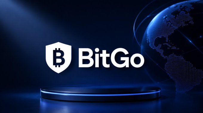 A promotional graphic for BitGo featuring a shield logo with a Bitcoin 'B' symbol, set against a dark blue background with a stylized globe on the right side.