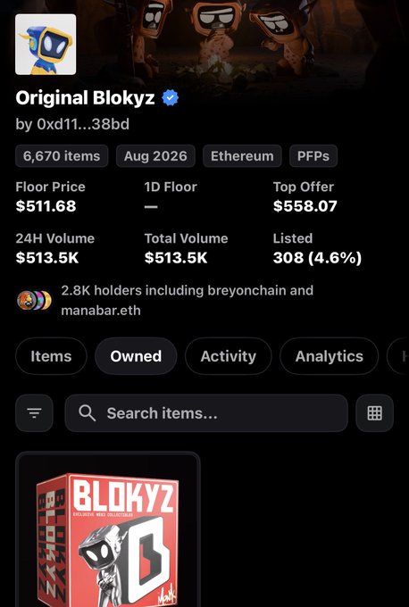 The image shows an OpenSea-style NFT collection page for "Original Blokyz" by 0xd1...38bd, featuring 6,670 items on Ethereum with a floor price of $511.68, 24H volume of $513.5K, and 2.8K holders including breyonechain and manabar.eth. This ties to the caption by highlighting the collection's strong trading metrics (high volume relative to its 308 listed items) — evidence that despite a tough public sale, private presale access allowed the holder to secure a position in a project now generating significant secondary market activity.