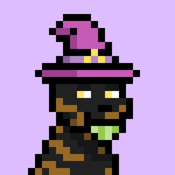 A pixel art character featuring a dark figure with glowing white eyes, orange accents, and a large purple top hat set against a light purple background.
