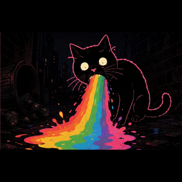 A stylized digital illustration of a black cat in an alleyway vomiting a vibrant rainbow stream of liquid onto the ground.