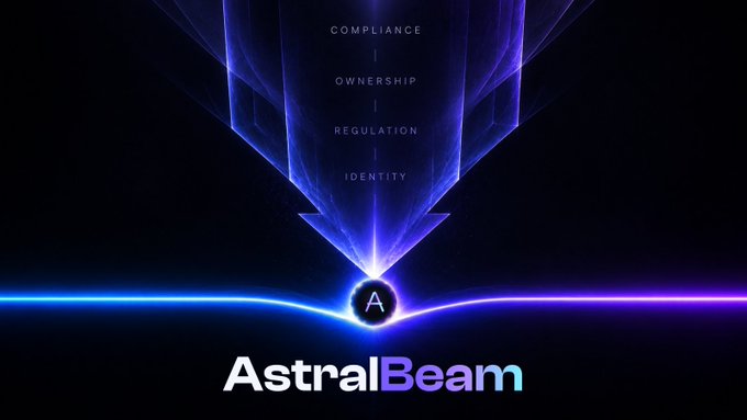 A dark promotional image for "AstralBeam" featuring a glowing blue arrow design with the words "COMPLIANCE," "OWNERSHIP," "REGULATION," and "IDENTITY" stacked vertically.