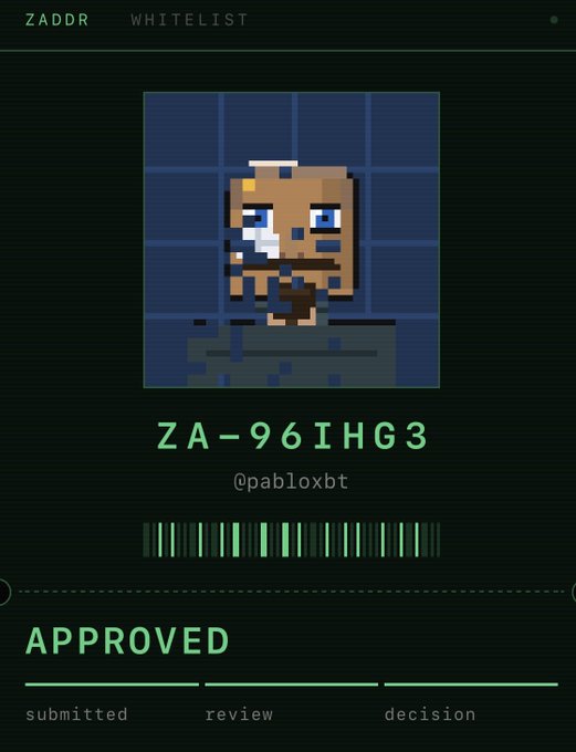 A digital "ZADDR WHITELIST" approval card displays the user's pixel art avatar with a green "APPROVED" status, the wallet address "ZA-96IHG3," and the handle "@pabloxbt," corresponding to the poster's successful application for the zaddrnet whitelist.