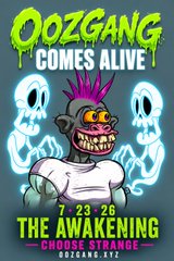 A vibrant concert poster for 'Oozgang Comes Alive' featuring a purple-haired monkey character, with event details for 'The Awakening' on July 23-26 at Goose Strange in Bozeman, KY.