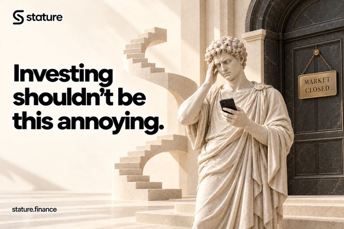 An advertisement for Stature finance features a classical statue of a Roman figure holding a smartphone with a frustrated expression, next to a door with a 'MARKET CLOSED' sign, with the headline 'Investing shouldn't be this annoying.' and the URL 'stature.finance'.