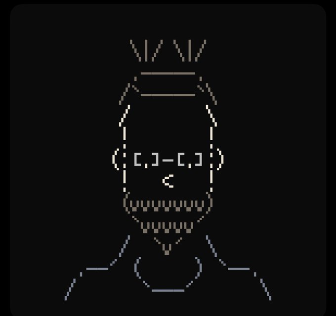 An ASCII art rendering of a stylized bearded character wearing a crown, depicted with eyes as brackets and a pixelated smile on a black background.