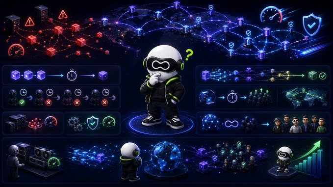 Complex infographic-style image showing a central cartoon character with goggles in a thinking pose, surrounded by various panels depicting servers, network nodes, security shields, clocks, and community members, suggesting a technology or Web3 platform overview.