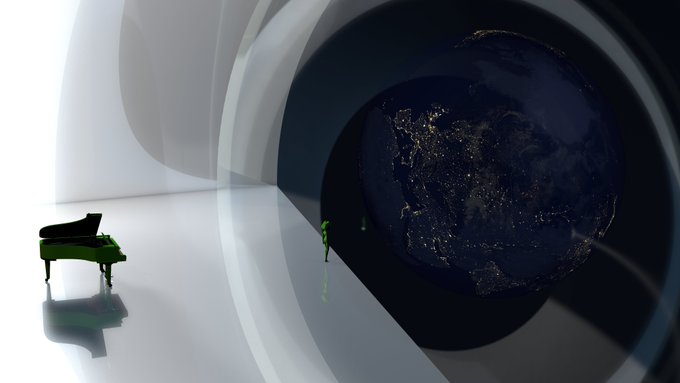 A surreal digital image of a small green grand piano in a white minimalist room, with a giant Earth visible through a circular window and a small green figure standing nearby.