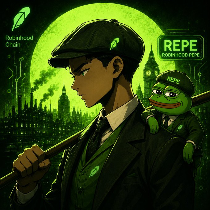 An anime-style illustration features a man in a flat cap and suit with a small Pepe the Frog character on his shoulder, set against a green city backdrop with 'Robinhood Chain' and 'REPE ROBINHOOD PEPE' logos.