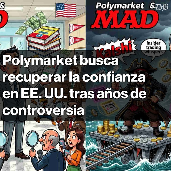 A Spanish-language news graphic comparing Polymarket and Kalshi, with text reading "Polymarket busca recuperar la confianza en EE. UU. tras años de controversia" (Polymarket seeks to regain trust in the US after years of controversy), featuring illustrations of a courtroom scene and a pirate on a treasure platform.