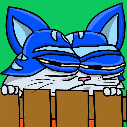 A blue cartoon cat with a skeptical, narrowed-eyed expression peers over a wooden fence against a bright green background. The cat's judgmental, side-eye glance visually conveys the post's tone of cautious scrutiny regarding the situation with Base and $Toshi.