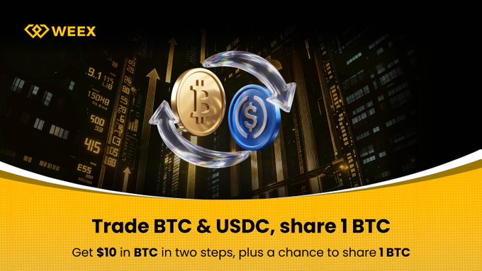 A Weex promotional graphic featuring gold Bitcoin and blue USDC coins with exchange arrows against a dark financial backdrop, advertising "Trade BTC & USDC, share 1 BTC" with offers of $10 in BTC plus a chance to share 1 BTC during the event window ending 10/14/2026.