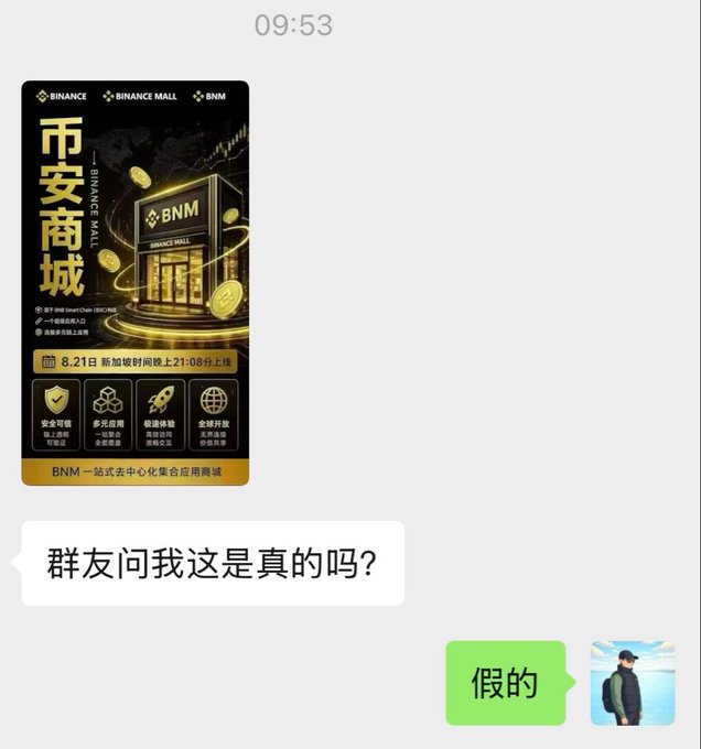 A chat screenshot shows a user asking "群友问我这是真的吗？" (Is what my group chat friend sent real?) alongside a promotional image for a fake "Binance Mall" (BNM) launching on 8.21, with the reply "假的" (Fake). The post warns "都是假的！近期请大家擦亮自己的火眼金睛！" (They're all fake! Please keep your eyes peeled lately!), exposing the BNM advertisement as a scam impersonating Binance.