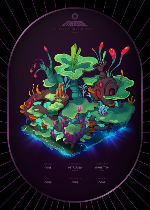 A digital artwork titled 'JUNGLE - BIOGENIC SWAMP' depicting a fantastical floating island with glowing colorful plants, fungi, and a small creature against a dark purple background, labeled with resources including 'PETRIFIED' and 'MAGENTA'.