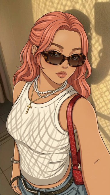 A stylized digital illustration of a young woman with pink hair, sunglasses, a cross necklace, and a white tank top carrying a red shoulder bag.