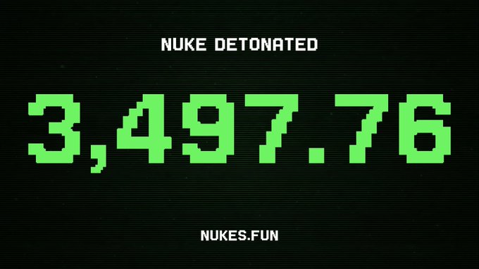 A retro CRT-style screen with scanlines showing the green pixelated text 'NUKE DETONATED' above the number '3,497.76', with 'NUKES.FUN' displayed at the bottom.