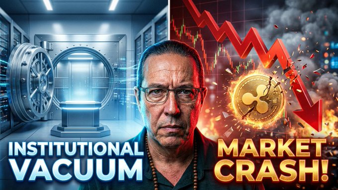 The image features a man wearing glasses, standing against a gray background with a red line going through his head. Below him, there are two different descriptions of an economic crisis or market crash. One description reads "Institutional Vacuum", while the other says "Market Crash!". The man in front of these descriptions appears to be looking down at something on the ground.