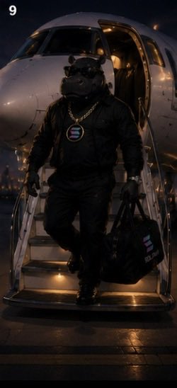 A black hippo mascot wearing a gold chain and branded merchandise steps off a private jet at night, carrying a duffel bag marked with a circular logo. The image visually reinforces the post's messaging of silent, high-status growth for the $BLH (BlackHippo) project on the Solana blockchain.