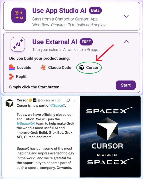 The image displays a Pi Network interface for "Use External AI" featuring Cursor (circled in green) as a build option, alongside a tweet from Cursor (@cursor_ai) announcing their acquisition by SpaceX to join the @SpaceXAI team to enhance Grok Build, Grok Bot, Grok API, and other AI products. This visual supports the post's thesis by highlighting the emerging connection between Pi Network's external AI integrations and SpaceX's expanding AI ecosystem through its recent Cursor acquisition.