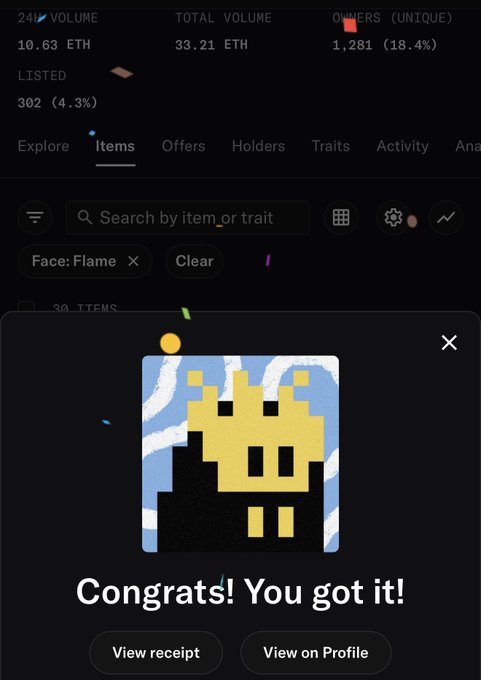 A digital NFT marketplace showing a 'Congrats! You got it!' modal for a pixelated yellow crown/flame face item, with stats like 24H VOLUME 10.63 ETH and 1,281 unique owners displayed above.