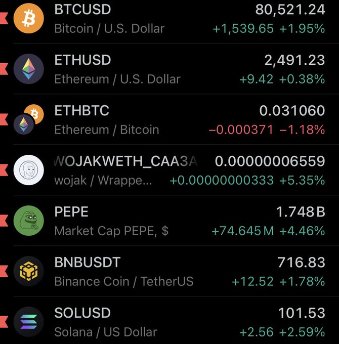 A cryptocurrency market dashboard shows multiple pairs trading in positive territory, including BTCUSD at 80,521.24 (+1.95%), ETHUSD at 2,491.23 (+0.38%), PEPE at 1.748B market cap (+4.46%), BNBUSDT at 716.83 (+1.78%), and SOLUSD at 101.53 (+2.59%), with only ETHBTC slightly down at -1.18%. The image perfectly captures the post's "up only szn" sentiment, displaying an almost universally green market that meme traders would celebrate as bullish momentum toward all-time highs.