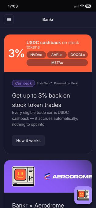 A mobile app screenshot from 'Bankr' displaying a 'USDC cashback on stock tokens' promotion offering 3% back on eligible trades for tickers NVDAC, AAPLC, GOOGLc, and METAc, valid until September 7 and powered by Merkl.