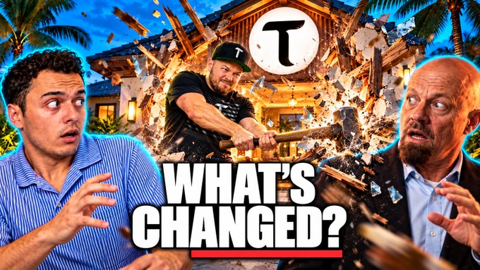 A YouTube thumbnail showing three men with shocked expressions alongside a central figure wielding a sledgehammer against a house, overlaid with the T logo and text "WHAT'S CHANGED?"—teasing the live stream about developments in the Bittensor ($TAO) ecosystem hosted at the Bungalow.