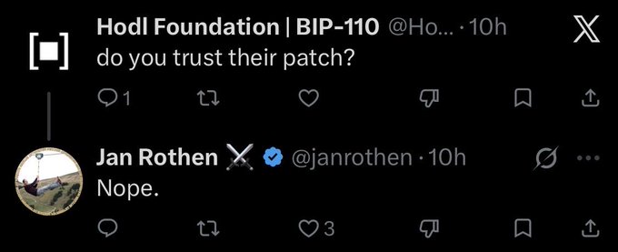 A screenshot of an X (Twitter) exchange where Hodl Foundation | BIP-110 asks "do you trust their patch?" and Jan Rothen replies "Nope.," visually reinforcing the accompanying post's warning not to trust @nvk, @Coinkite, @COLDCARDwallet, or their patch.
