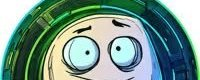A cartoon meme face with wide, nervous eyes and a green-tinted beanie, set against a swirling teal background.