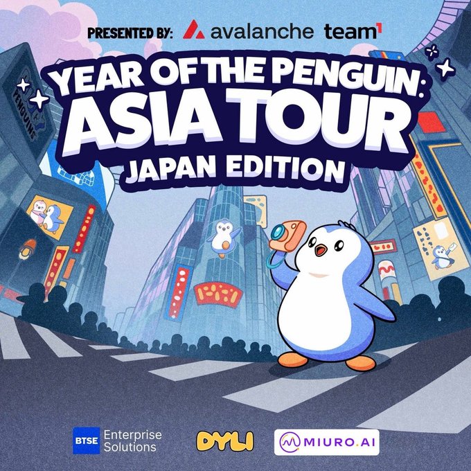 A colorful promotional poster for 'Year of the Penguin: Asia Tour - Japan Edition,' presented by Avalanche Team1, featuring a cartoon penguin in a neon-lit city with sponsors BTSE Enterprise Solutions, DYLI, and MIURO.AI.