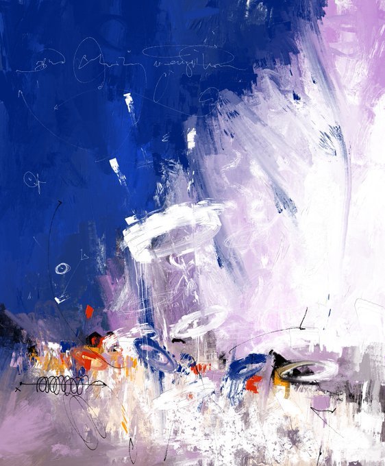 An abstract expressionist painting dominated by blue, purple, and white brushstrokes with faint scribbled text and looping marks.