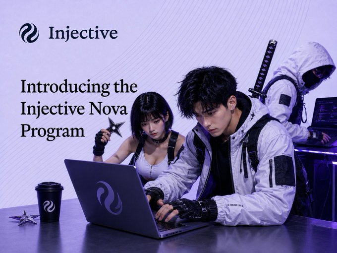 The image features a man sitting at a desk with a laptop computer while another person stands behind him holding a sword, possibly as part of an action figure or video game scene. The background includes a purple banner that reads "Introducing the Injective Nova Program". The text on the banner suggests that this program is designed for ninja-like characters and offers exciting prizes to those who participate in it.
