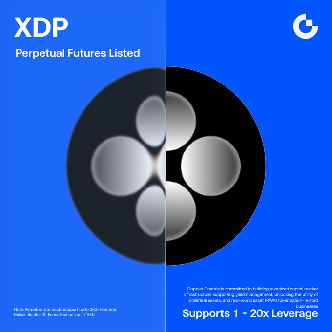 A blue promotional graphic announcing the listing of XDP Perpetual Futures on Gate.io, featuring a circular logo design and text stating "Supports 1 - 20x Leverage," along with a note that perpetual contracts offer up to 200x leverage while metals and forex sections offer up to 100x.