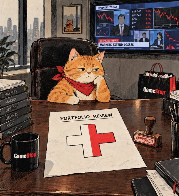 An illustration of an orange cat wearing a red bandana sitting at a desk with a 'PORTFOLIO REVIEW' paper showing an England flag, surrounded by GameStop merchandise, finance books (Markets, Macro, Options, Quants, Risk, Valuation), and a news broadcast showing markets extending losses.