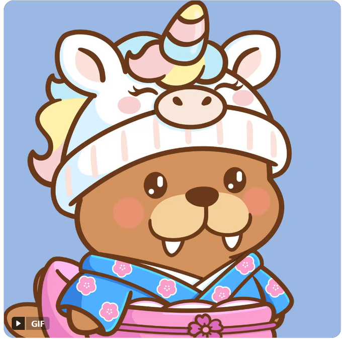An animated GIF of a cartoon bear character dressed in a blue floral kimono and a white unicorn hood.