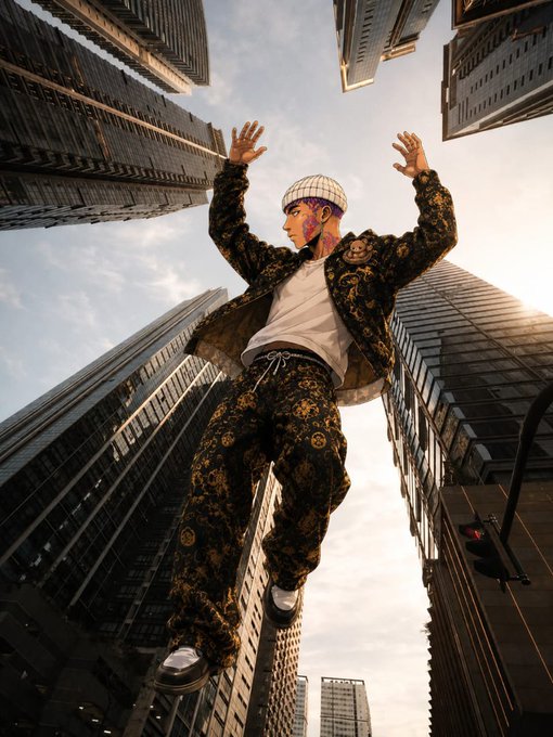 A low-angle photograph captures a person in a black and gold patterned outfit posing with raised arms between tall skyscrapers under a partly cloudy sky.