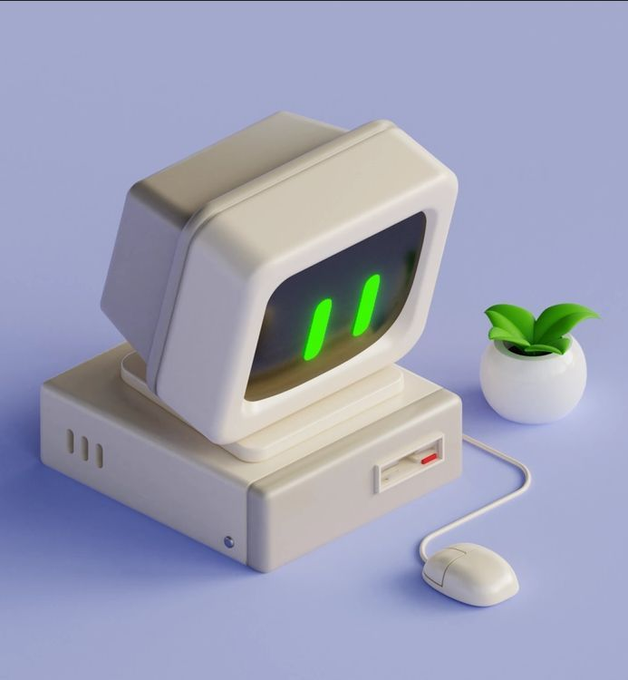 A 3D-rendered, stylized retro computer with a chunky monitor displaying green graphics sits next to a small potted plant and a wired mouse on a smooth, light purple surface.