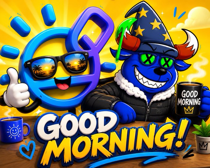 The image features a cartoon character wearing a wizard hat, holding a cup of coffee with a "Good morning" message written below them. The character also has sunglasses on their head. In front of the character, there are two objects - a mug filled with coffee and another mug containing a plant. The background is yellow, which complements the blue cartoon character's outfit. The image includes text that reads "Good morning and Happy Saturday SolOnChain is about to be the one stop shop for all things NFTs".