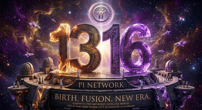 A cosmic promotional graphic features massive metallic "1316" numerals (gold "13" and purple "16") set against a star-filled nebula, with the Pi Network π logo above and small figures standing on observatory-style platforms below. Banners read "PI NETWORK — BIRTH. FUSION. NEW ERA." and "FOOTNOTE: TWO IMPORTANT DATES, ONE MISSION: OCT 13: Node Update Deadline • OCT 16: Protocol 28 Live on Mainnet," visually reinforcing the post's two key deadlines.