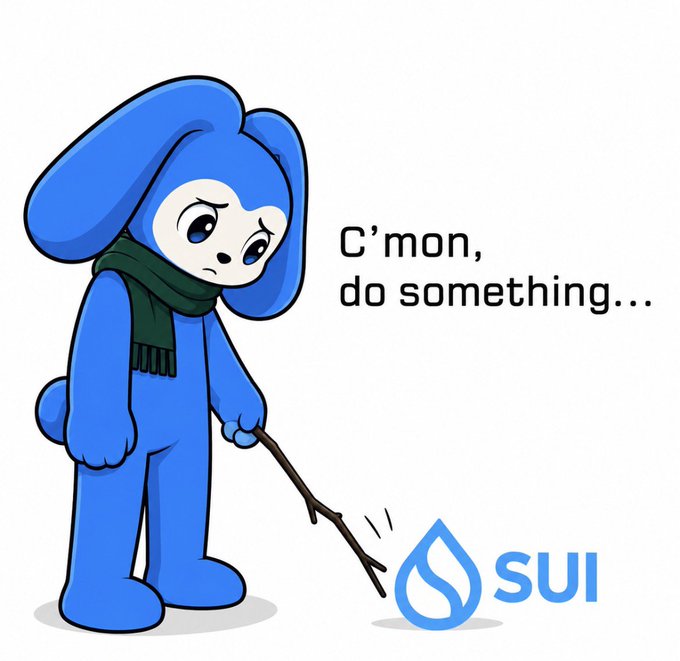 A sad blue bunny-like cartoon character wearing a green scarf uses a stick to poke a blue water droplet logo labeled 'SUI', with the text 'C'mon, do something...' beside it.