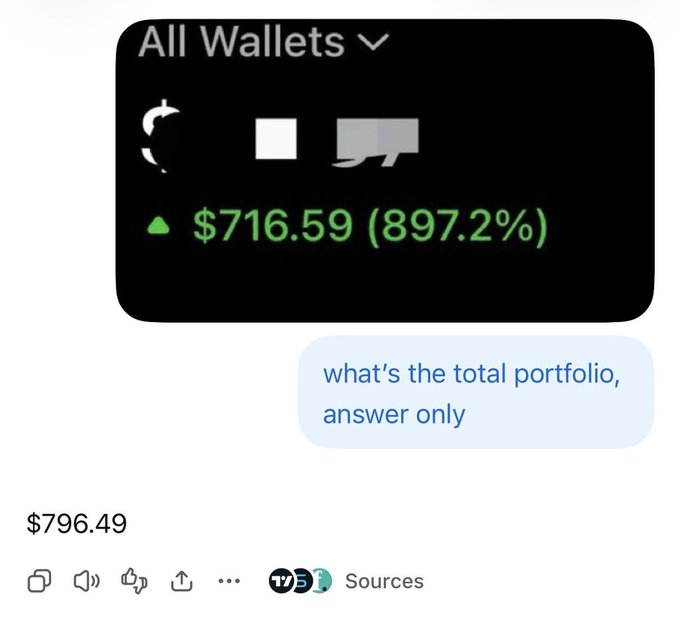 A screenshot of a crypto wallet tracker shows a total portfolio value of $716.59 with an 897.2% gain, but when asked for the total portfolio, the AI responds "$796.49"—a discrepancy suggesting "dude" may be hiding something from the bot's calculation.