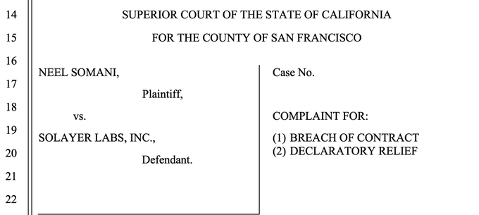 The image shows a white legal document with black text that reads "Superior Court of the State of California for the County of San Francisco" at the top, followed by "For the county of San Francisco." Below this, there are two lines of black text stating "Case No. 14-098" and "Complaint for breach of contract," respectively. The document also includes a statement about Sushi ppl that were good actors in past cycles, doing micro float high FDV giga negative funding rate scam in the next cycle.
