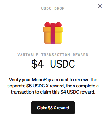A digital reward popup displaying "USDC DROP" with a gift box icon and text reading "VARIABLE TRANSACTION REWARD $4 USDC" and "Claim $5 X reward."