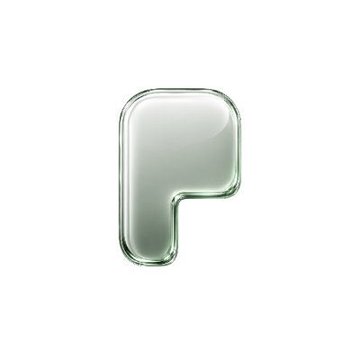 A glossy, translucent glass letter "P" with greenish reflections is shown on a white background, visually representing the first letter of "Pons" in relation to the news about its protocol revenue reaching $5 million.