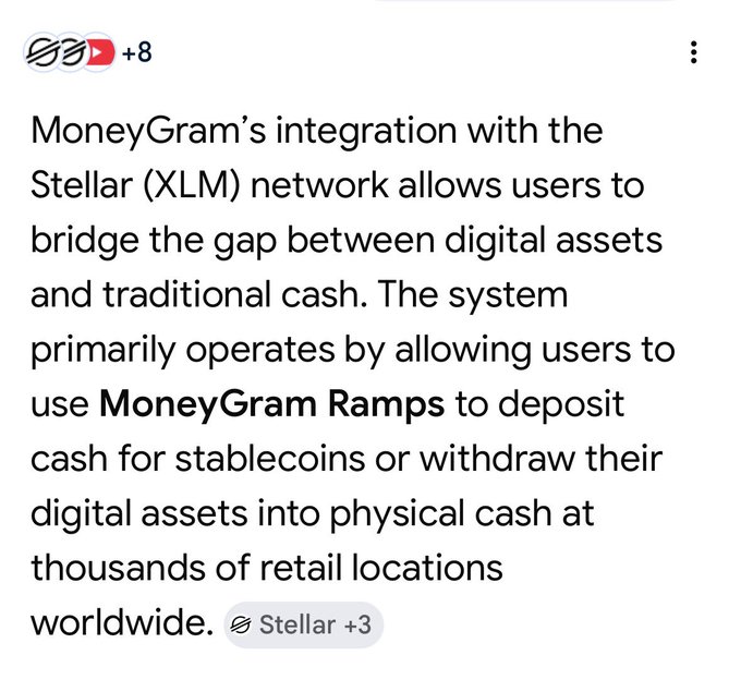 The image features a text box with information about money gram's integration with the Stellar XLM network, which allows users to bridge the gap between digital assets and traditional cash. The text explains that money gram's integration enables users to use digital assets like Bitcoin or other cryptocurrencies as payment methods for physical cash at retail locations worldwide.