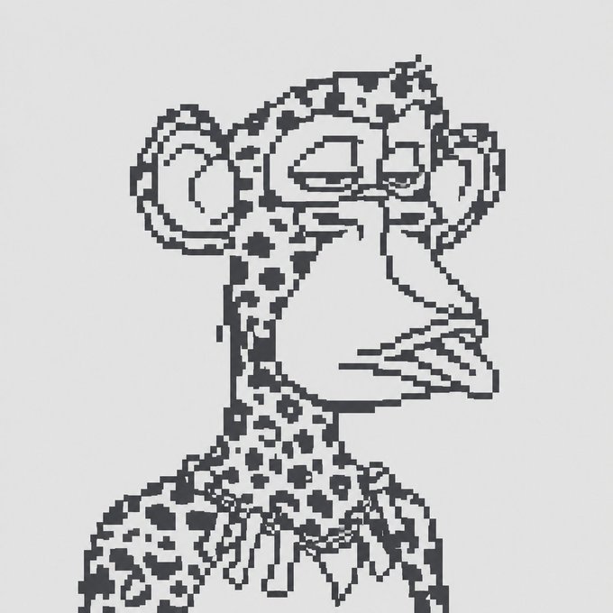 Black and white pixel art cross-stitch pattern depicting a stylized figure or character in a dotted/speckled design.