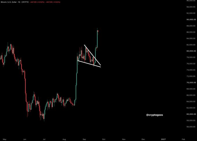 A Bitcoin/USD daily candlestick chart (@cryptogoos) shows BTC at $46,000 forming a bullish flag/pennant pattern after a sharp rally from ~$60K lows, with the breakout toward $88K illustrating the explosive move referenced in the post as the ignition of a legendary bull market.