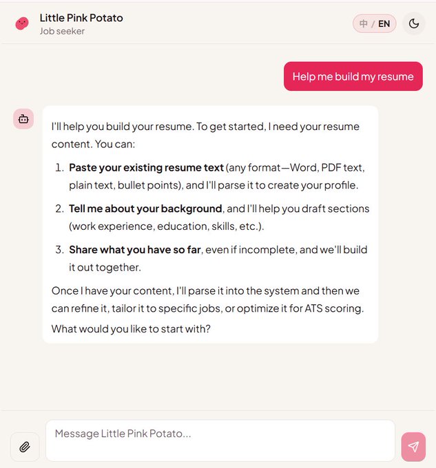 A chat interface with "Little Pink Potato" (a job seeker AI assistant) responding to a "Help me build my resume" request by offering three options: paste an existing resume, share background information, or share partial content to build out together.